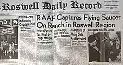 Newspaper headline reads, "RAAF Captures Flying Saucer on Ranch in Roswell Region". Full text is: available on linked page.