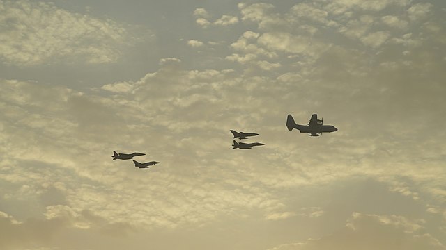 This was during the celebration of the 90th Saudi National Day, seen in the picture is a C-130, an F-15's, an F-15C, a Panavia Tornado and a Eurofight