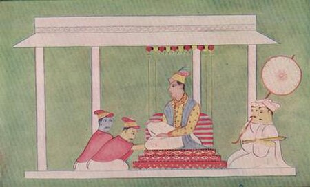 Ahom king Rudra Singha receiving the kings of the Dimasa and the Jaintia kingdoms in his court.