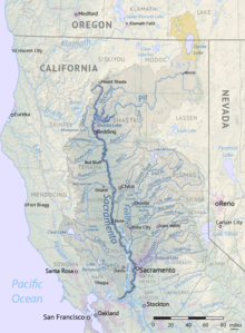 The Sacramento River watershed, including the valley and adjacent highlands. Sacramento River basin map.png