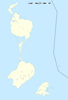 Mapa konturowa Saint-Pierre i Miquelon, blisko dolnej krawiędzi nieco na prawo znajduje się punkt z opisem „Saint-Pierre”