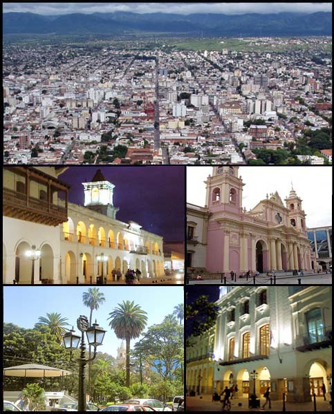 Clockwise from top left: view of the city from top of San Bernardo Hill; Cathedral of Salta; Victoria Theatre; Ninth of July Plaza; and Colonial Cabil