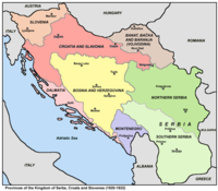 October 3, 1929: The Kingdom of the Serbs, Croats and Slovenes officially shortens name to "Yugoslavia" Scs kingdom provinces 1920 1922 en.png