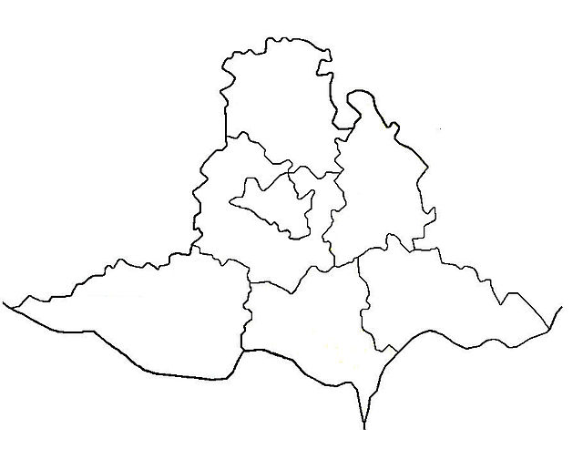 Mapa konturowa kraju południowomorawskiego, na dole po lewej znajduje się punkt z opisem „Znojmo”