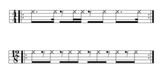 Standard pattern in duple-pulse (4/4) and triple-pulse (12/8) form. Play duple, Play triple, and Play both for comparison. Standard pattern.png