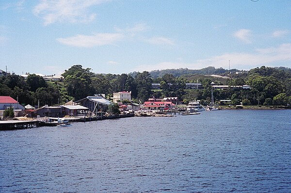 A view of Strahan, taken from a boat in Macquarie Harbour