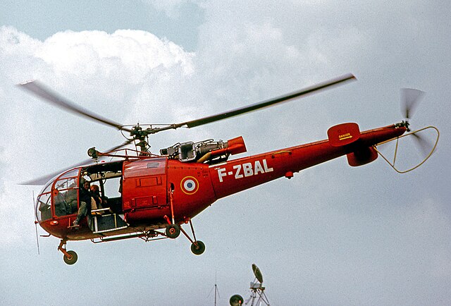 Aérospatiale Alouette III of the Protection Civile demonstrating at Paris–Le Bourget Airport in 1973.