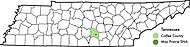 Map of the US state of Tennessee with Coffee County shaded in light green and the approximate location of May Prairie State Natural Area shaded in darker green