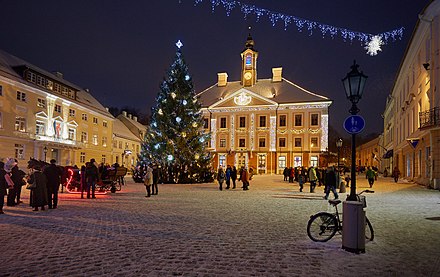 Raekoja plats, the town square beside Tartu Town Hall in the Tartu Old Town at Christmas