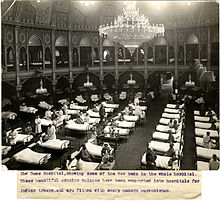 Hospital beds at the Dome during the First World War. The Dome Hospital Brighton, showing some of the 689 beds in the whole hospital (Photo 24-1).jpg
