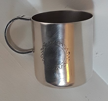 First day of issue promotional silver christening mug