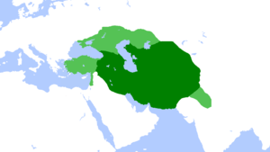 امپراتوری تیموری در بیشترین حد خود. رنگ سبز تیره نشان دهنده مناطق و رنگ سبز روشن نشان دهنده مناطقی است که در معرض حملات تیمور قرار گرفته اند.