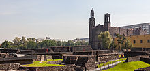 The archaeological site of Tlatelolco with the church at background, in the Plaza de las Tres Culturas. Tlatelolco e iglesia de Santiago Tlatelolco, Mexico D.F., Mexico, 2013-10-16, DD 25.JPG