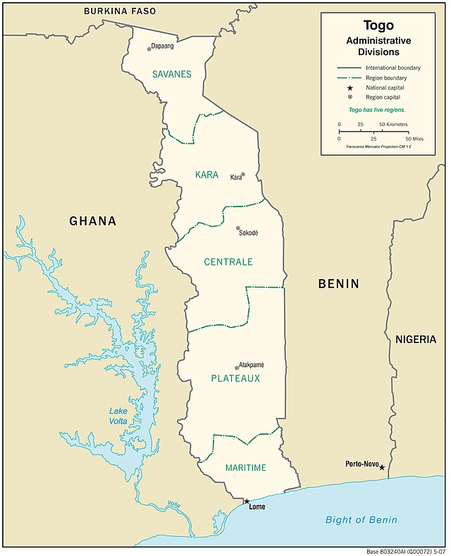 Carte administrative du Togo en 2007.