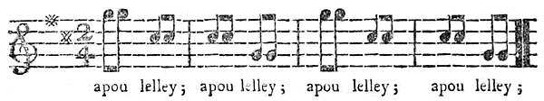 Musical notation of a song repeating the words "apou lelley"