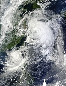 Typhoons Bolaven (top) and Tembin (bottom) undergoing a binary interaction on August 27 Typhoons Tembin, Bolaven 2.40(UTC) Aug 27 2012.jpg