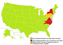 Map of states where the ability of ULC-ordinated ministers to legally solemnize marriages has been expressly affirmed or has not been challenged, and states where this remained unsettled, as of 2011. ULC ordination map.jpg