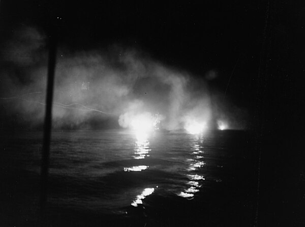 USS Helena and St. Louis in action at Kula Gulf, seen from USS Honolulu