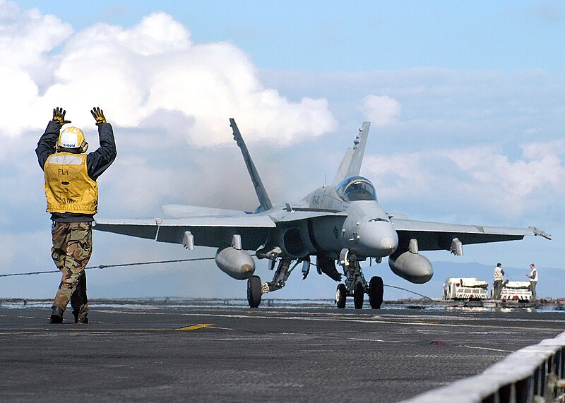 File:US Navy 040622-N-0119G-058 An F-A-18C Hornet assigned to the "Marauders" of Strike Fighter Squadron Eight Two (VFA-82) makes an arrested landing on the flight deck of the aircraft carrier USS Enterprise (CVN 65).jpg