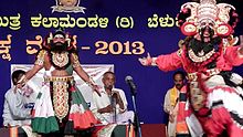 The southern (Thenkuthittu) form showcasing an authentic Shiva (left) and Veerabhadra (right) at a performance in Moodabidri, depicting Roudra Rasa Veerabhadra Utpatti.jpg