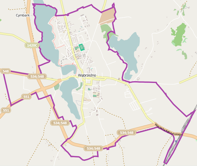 Mapa konturowa Wąbrzeźna, w centrum znajduje się punkt z opisem „Sanktuarium Matki Bożej Brzemiennej w Wąbrzeźnie”