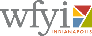 The lowercase letters "wfyi" in a gray serif next to four triangles, in blue, red, yellow, and green, that form a square. The word "Indianapolis" is in all uppercase in red in the lower right corner.
