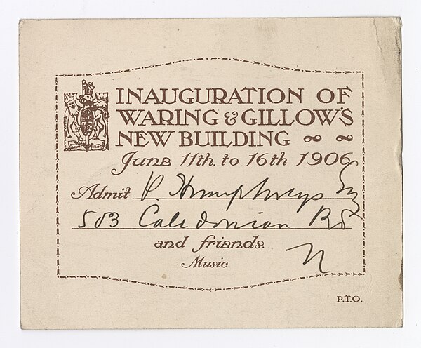 Ticket from the inauguration event of Waring & Gillow's new building in Oxford Street (1906)