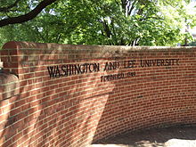 Brick sign at entrance, Washington and Lee Washington and Lee University brick sign Lexington Virginia.JPG
