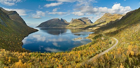 Une route longe un bras de fjord, bordé de quelques montagnes encore vertes.