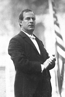 In 1896, the 36-year-old William Jennings Bryan was the chosen candidate resulting from the fusion of the Democrats and the People's Party. William-Jennings-Bryan-speaking-c1896.jpeg
