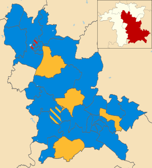 Map of the results of the 2011 Wychavon District Council election. Conservatives in blue, Liberal Democrats in yellow and Labour in red. Wychavon UK local election 2011 map.svg