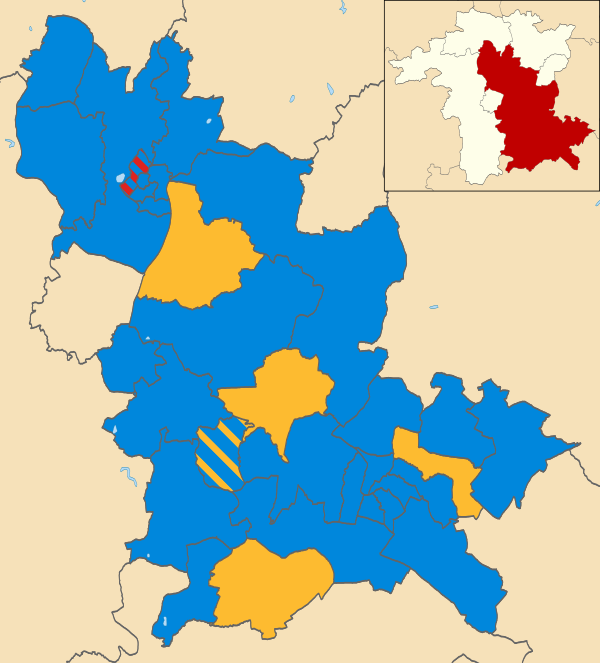 Map of the results of the 2011 Wychavon District Council election. Conservatives in blue, Liberal Democrats in yellow and Labour in red.