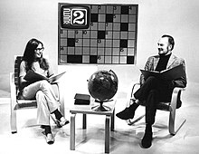 Promotional photograph for Yleisradio's Yle TV2 quiz show Ristisana with hosts Kaarina Elo and Jouko Sinkkonen in 1971. YLE-Ristisana.jpg