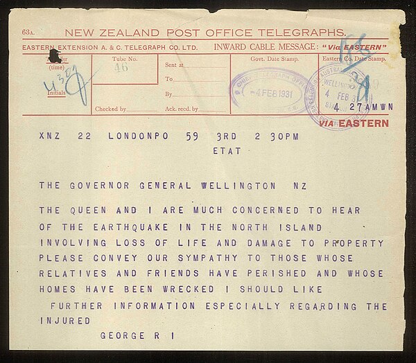 Telegram from King George V to Governor-General of New Zealand, 3 February 1931