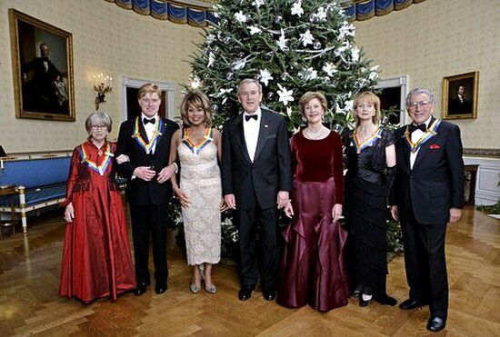 President George W. Bush and Laura Bush pose with the Kennedy Center honorees (L to R): Julie Harris, Robert Redford, Tina Turner, Suzanne Farrell, an