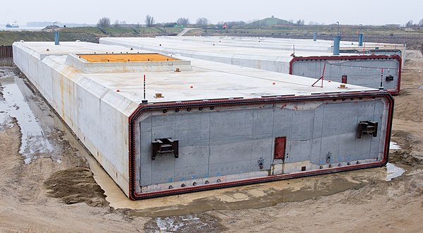 Prefabricated tunnel segments sealed off, ready to be floated to site, and sunk into place