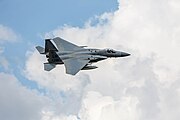 An F-15C Eagle, tail number 86-0160, taking off from RAF Lakenheath in England. The aircraft was assigned to the 493rd Fighter Squadron.