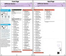 An image of a ballot from Los Angeles County. The listed order of the replacement candidates was determined by a randomization of the alphabet. The starting point, however, gets shifted for each of the state's 80 Assembly Districts (hence, all 46 candidates appear at the top of the ballot in at least one assembly district, with 34 candidates being listed first in two assembly districts). 2021 California Gubernatorial recall election ballot -- Los Angeles County.jpg