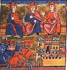 Second Crusade council: Conrad III of Germany, Eleanor's husband Louis VII of France, and Baldwin III of Jerusalem 2nd Crusade council at Jerusalem.jpg