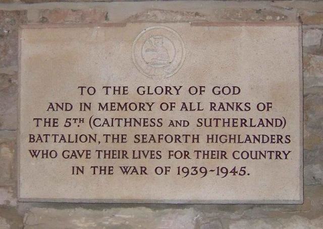 5th Battalion, Seaforth Highlanders plaque. Dornoch Cathedral, Sutherland