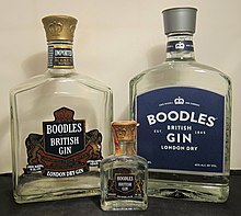 Three bottles of Boodles Gin (current bottle far right). A Collection of Boodles Gin Bottles Past and Present Jun2013.jpg