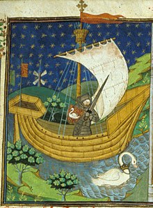 Vyobrazení rytíře stojícího na loďce, která je tažena labutí