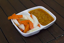 Acar (left) served with sambal, the common condiments in Indonesia. Acar and chili sauce.jpg