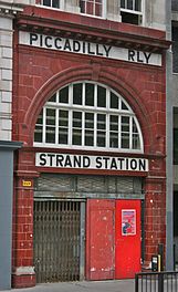 Main entrance on the Strand, London. The station is referred to by its previous name, Strand.