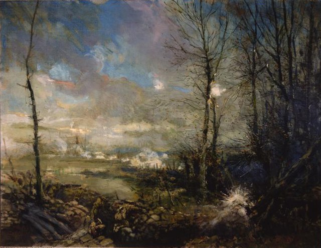 John Garth suggests that the Black Breath may derive from Tolkien's experience of gas in the First World War. Painting Gas Attack, Flanders by Alfred 