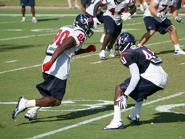 Andre Johnson (left) and Brice McCain (right) do battle in Texans' training camp, 2010.