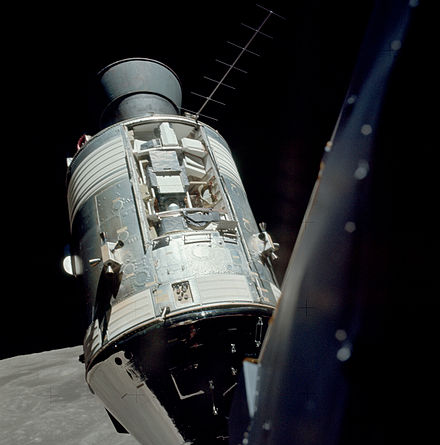 Apollo 17 SIM bay on the service module America, seen from the Lunar Module Challenger in orbit around the Moon