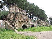 Vestiges des arches soutenant le canal en pierre de l'Aqua Marcia, et les canaux en brique de l'Aqua Tepula et de l'Aqua Iulia.