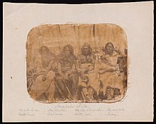 Arapaho chiefs Eagle Head, Split-nose, Little Owl, and Friday by James D. Hutton, during the Raynolds expedition of 1859-1860 Arapaho chiefs - Raynolds expedition - 1859 or 1860.jpg