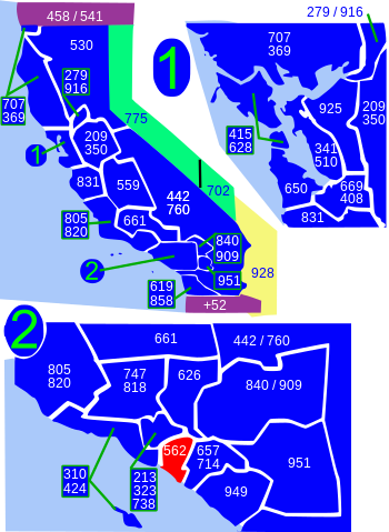 Numbering plan areas in California (blue) and border states. Area code 562 is shown in red. Area code 562.svg